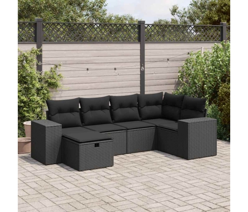 Set de sofás de jardín 6 piezas y cojines ratán sintético negro