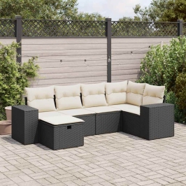 Set de sofás de jardín 6 piezas y cojines ratán sintético negro