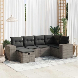 Set de muebles de jardín 6 pzas y cojines ratán sintético gris