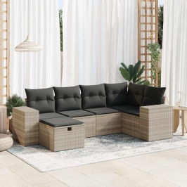 Set de sofás de jardín 6 pzas y cojines ratán sintético gris