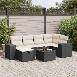 Set de sofás de jardín 7 pzas con cojines ratán sintético negro