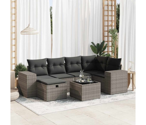 Set de sofás de jardín 7 pzas con cojines ratán sintético gris