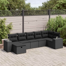 Set de sofás de jardín 7 pzas con cojines ratán sintético negro