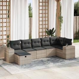 Set de sofás de jardín 7 pzas con cojines ratán PE gris claro