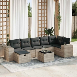 Set de sofás de jardín 8 pzas y cojines ratán sintético gris
