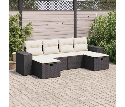 Set de sofás de jardín 6 piezas y cojines ratán sintético negro