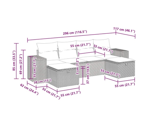 Set de muebles de jardín 6 pzas y cojines ratán sintético gris
