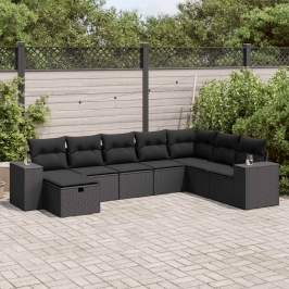 Set de sofás de jardín y cojines 8 piezas ratán sintético negro