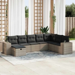 Set de sofás de jardín y cojines 8 piezas ratán sintético gris