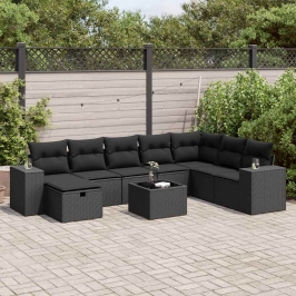 Set de sofás de jardín con cojines 9 pzas ratán sintético negro