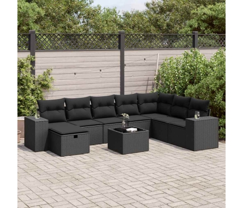 Set de sofás de jardín con cojines 9 pzas ratán sintético negro