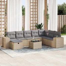 Set de sofás de jardín con cojines 9 pzas ratán sintético beige