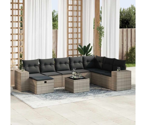 Set de sofás de jardín con cojines 9 pzas ratán sintético gris