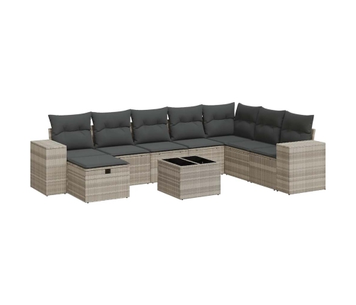Set muebles jardín 9 pzas y cojines ratán sintético gris claro