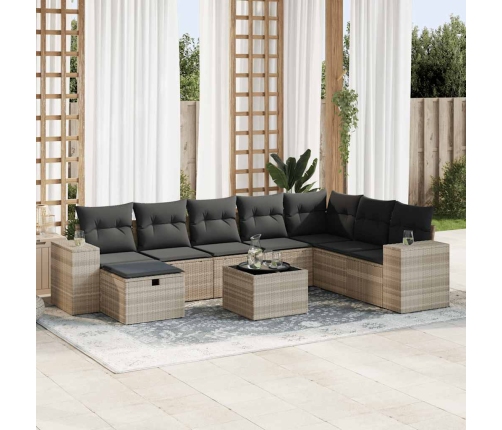 Set muebles jardín 9 pzas y cojines ratán sintético gris claro