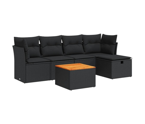 Set de sofás de jardín 6 piezas y cojines ratán sintético negro