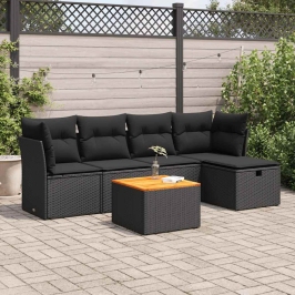 Set de sofás de jardín 6 piezas y cojines ratán sintético negro