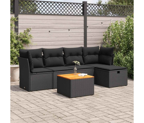 Set de sofás de jardín 6 piezas y cojines ratán sintético negro