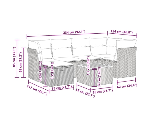 Set de sofás de jardín 7 pzas con cojines ratán sintético negro
