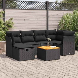 Set de sofás de jardín 7 pzas con cojines ratán sintético negro