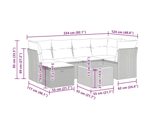Set de sofás de jardín 7 pzas con cojines ratán sintético negro