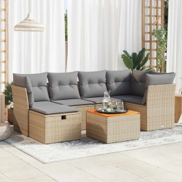 Set sofás de jardín 7 piezas y cojines ratán sintético beige