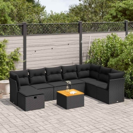 Set de sofás de jardín con cojines 9 pzas ratán sintético negro