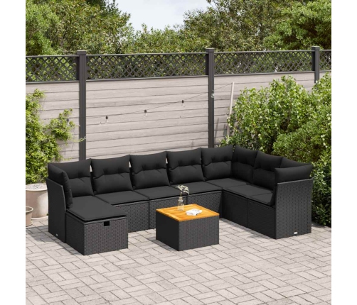 Set de sofás de jardín con cojines 9 pzas ratán sintético negro