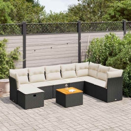 Set de sofás de jardín con cojines 9 pzas ratán sintético negro
