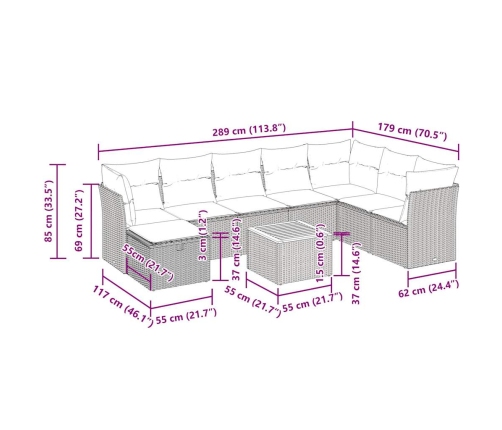 Set de sofás de jardín con cojines 9 pzas ratán sintético beige
