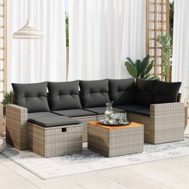 Set de sofás de jardín 7 pzas con cojines ratán sintético gris