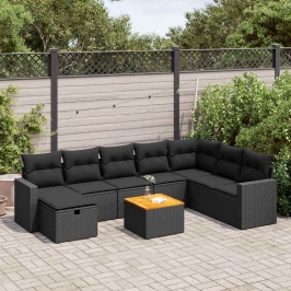 Set de sofás de jardín con cojines 9 pzas ratán sintético negro