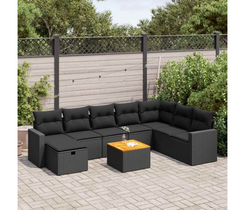 Set de sofás de jardín con cojines 9 pzas ratán sintético negro