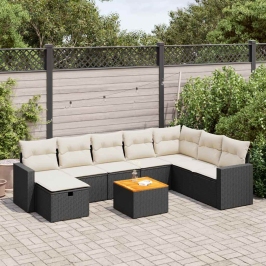 Set de sofás de jardín con cojines 9 pzas ratán sintético negro