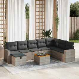 Set de sofás de jardín con cojines 9 pzas ratán sintético gris