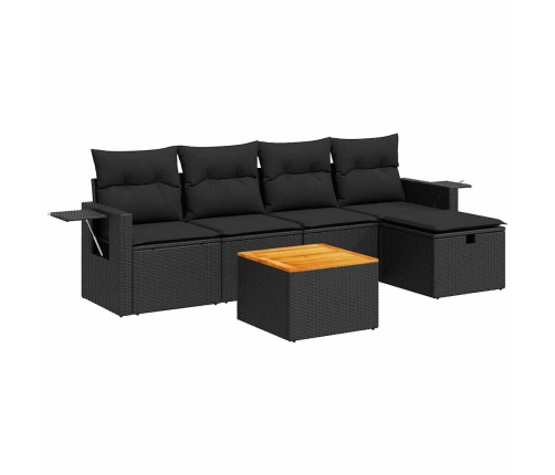 Set de sofás de jardín 6 piezas y cojines ratán sintético negro