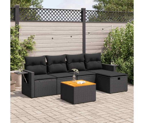 Set de sofás de jardín 6 piezas y cojines ratán sintético negro