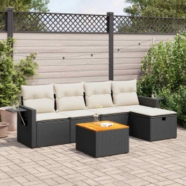 Set de sofás de jardín 6 piezas y cojines ratán sintético negro