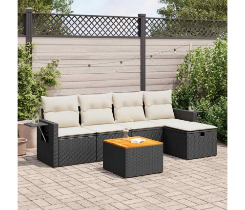 Set de sofás de jardín 6 piezas y cojines ratán sintético negro
