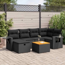 Set de sofás de jardín 7 pzas con cojines ratán sintético negro