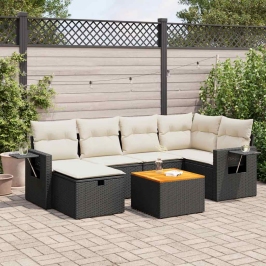 Set de sofás de jardín 7 pzas con cojines ratán sintético negro