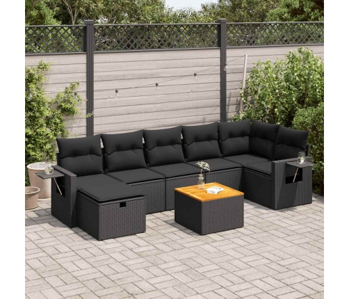 Set de sofás de jardín y cojines 8 piezas ratán sintético negro