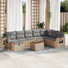 Set de sofás de jardín con cojines 9 pzas ratán sintético beige