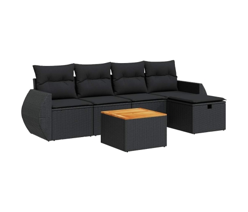 Set de sofás de jardín 6 piezas y cojines ratán sintético negro