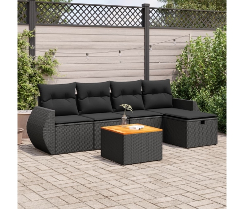 Set de sofás de jardín 6 piezas y cojines ratán sintético negro