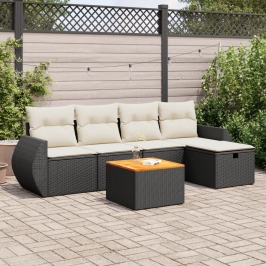 Set de sofás de jardín 6 piezas y cojines ratán sintético negro