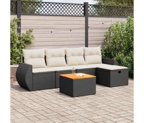 Set de sofás de jardín 6 piezas y cojines ratán sintético negro