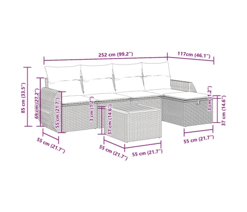 Set de muebles de jardín 6 pzas y cojines ratán sintético gris