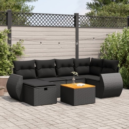 Set de sofás de jardín 7 pzas con cojines ratán sintético negro