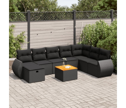 Set de sofás de jardín con cojines 9 pzas ratán sintético negro